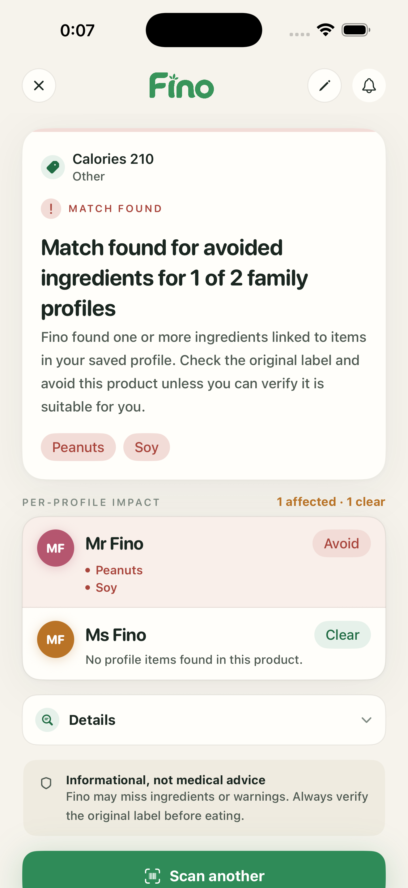 Fino app showing the green scan card on the home screen