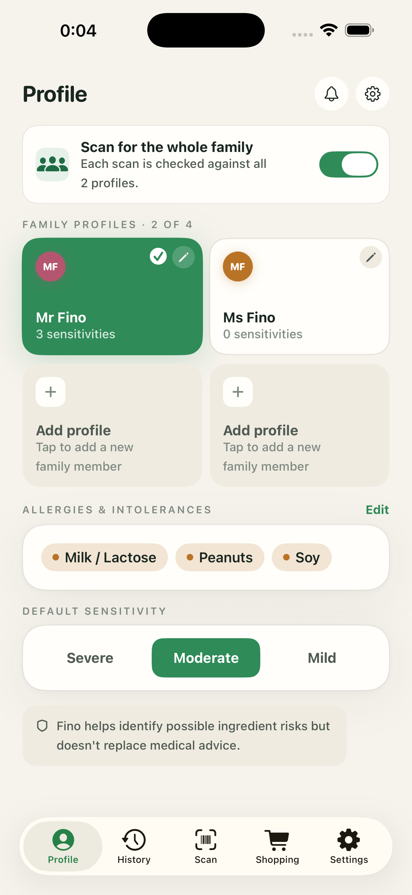 Allergen grid showing common allergens with selectable tiles