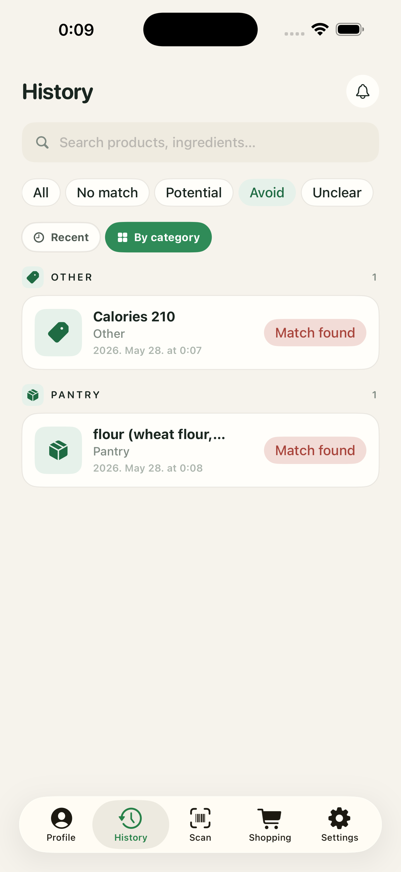 Result screen showing per-allergen chips and a clear summary